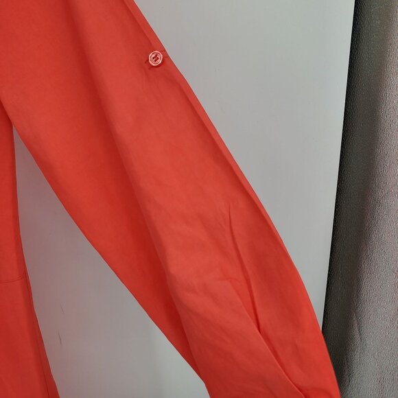 Finley Coral Button Up Long Convertible Sleeve Ruffle Collared Shirt Dress Mediu - Picture 5 of 10
